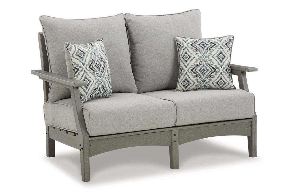 Visola Gray Outdoor Loveseat, 2 Lounge Chairs and Coffee Table -  Ashley - Luna Furniture