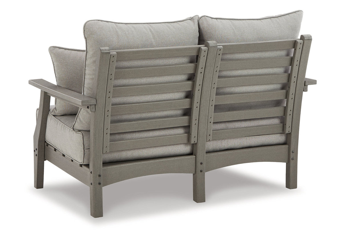 Visola Gray Outdoor Loveseat, 2 Lounge Chairs and Coffee Table -  Ashley - Luna Furniture