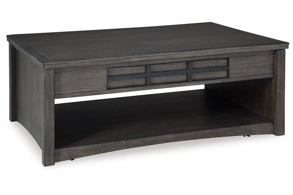 Montillan Grayish Brown Lift-top Coffee Table and 2 Chairside End Tables -  Ashley - Luna Furniture