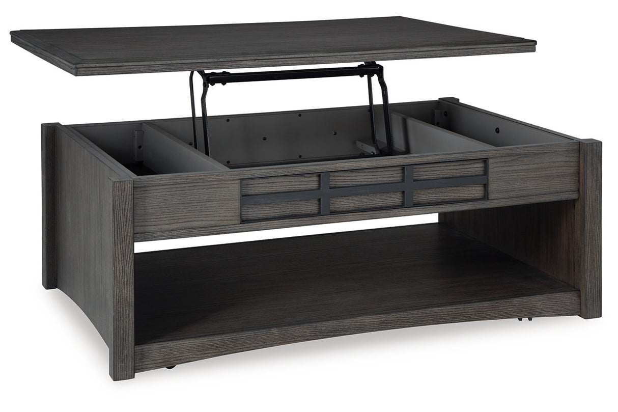 Montillan Grayish Brown Lift-top Coffee Table and 2 Chairside End Tables -  Ashley - Luna Furniture