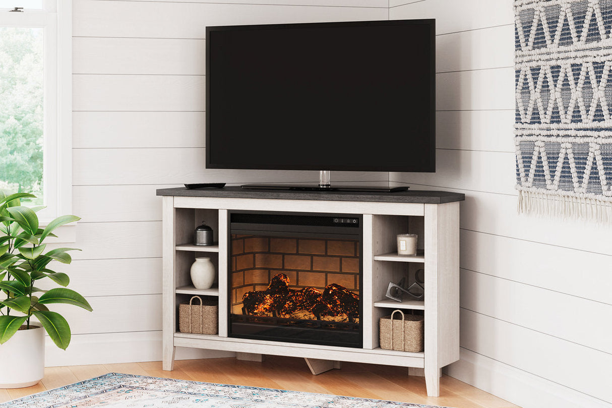 Dorrinson Two-tone Corner TV Stand with Electric Fireplace -  Ashley - Luna Furniture