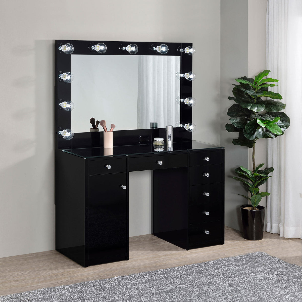 Acena 7-drawer Vanity Set with Lighting Black High Gloss - 931144