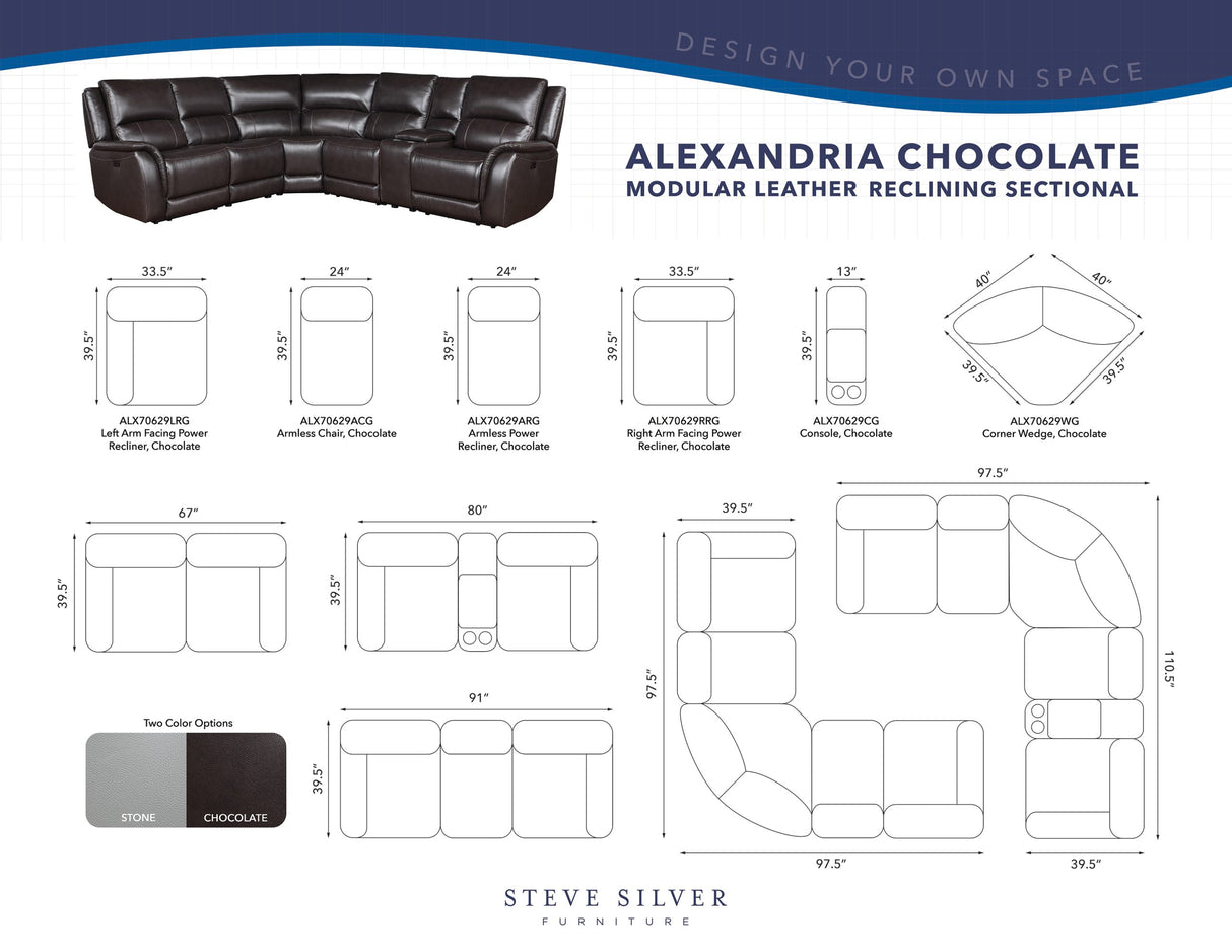 Alexandria Leather 6-Piece Power Reclining Set, Chocolate from Steve Silver - Luna Furniture