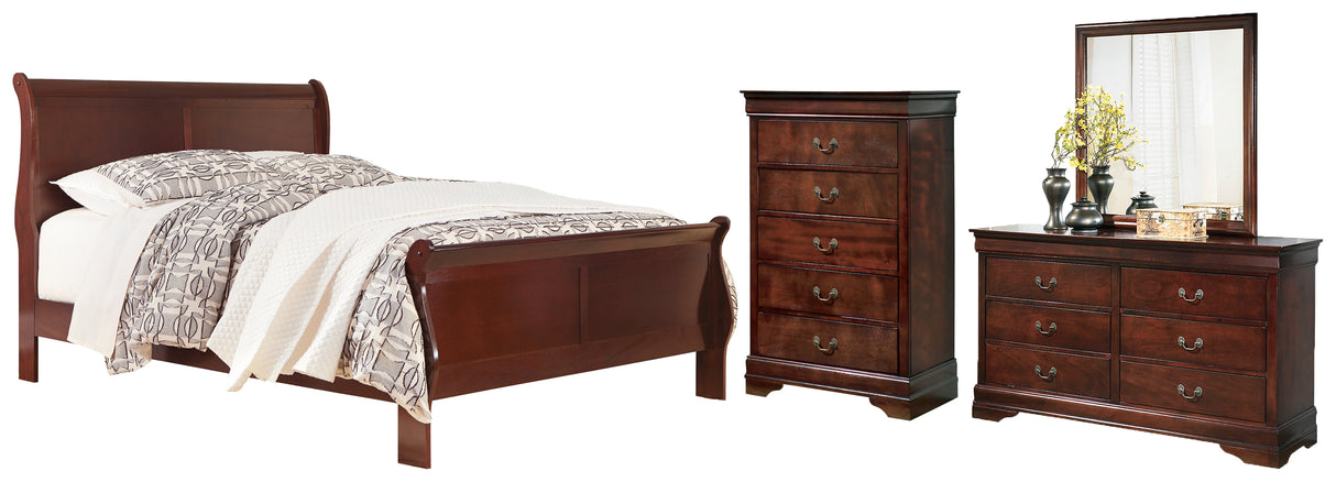 Alisdair King Sleigh Bed with Mirrored Dresser and Chest in Reddish Brown - PKG004983