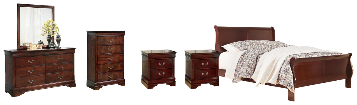 Alisdair King Sleigh Bed with Mirrored Dresser, Chest and 2 Nightstands in Reddish Brown - PKG004989