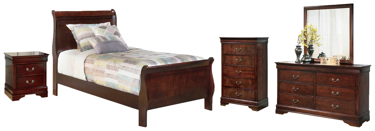 Alisdair Twin Sleigh Bed with Mirrored Dresser, Chest and Nightstand in Reddish Brown from Ashley - Luna Furniture