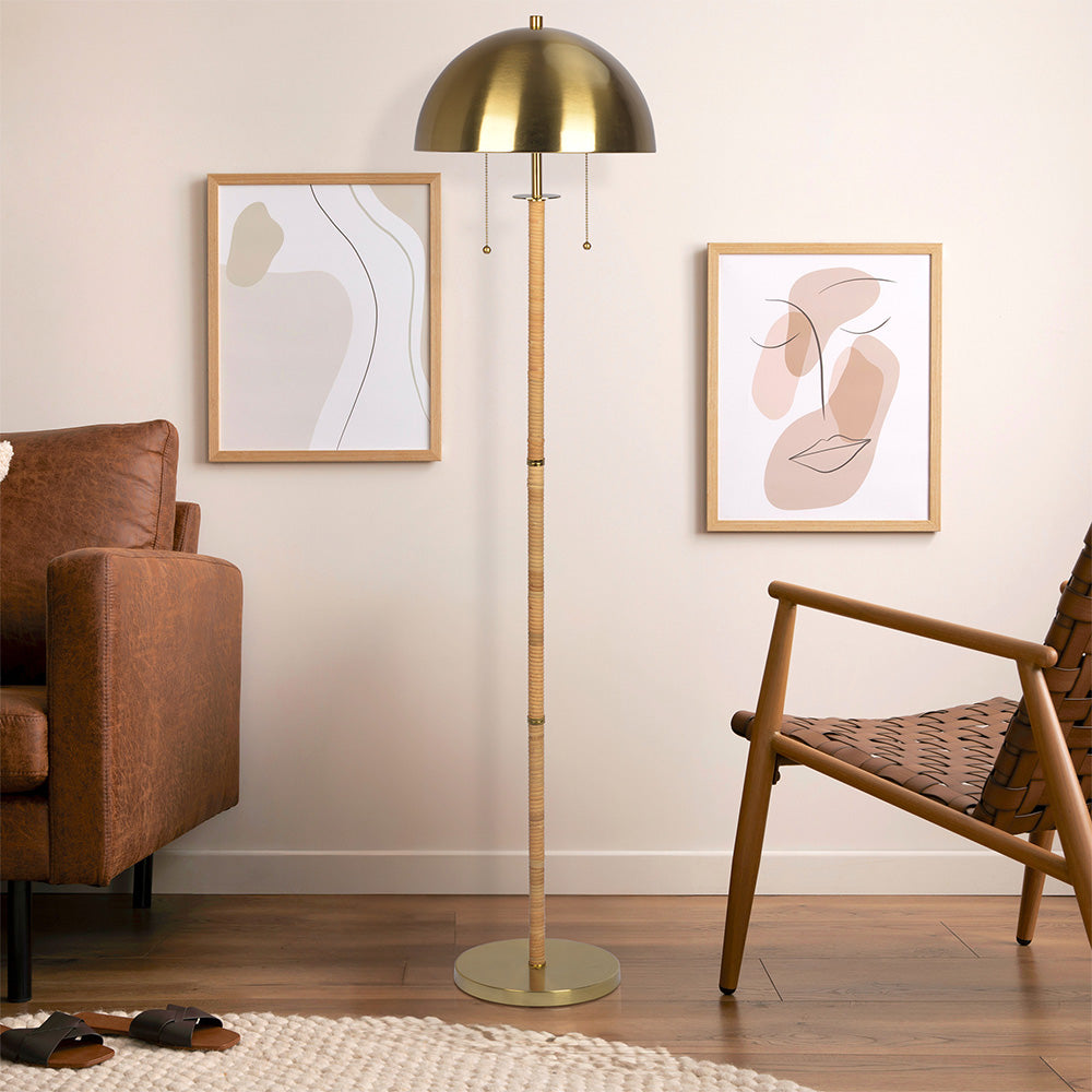 Allure 2-Light Floor Lamp, Gold Brass, Natural Rattan Tube , Double On/Off Pull Chain - FLL03700101