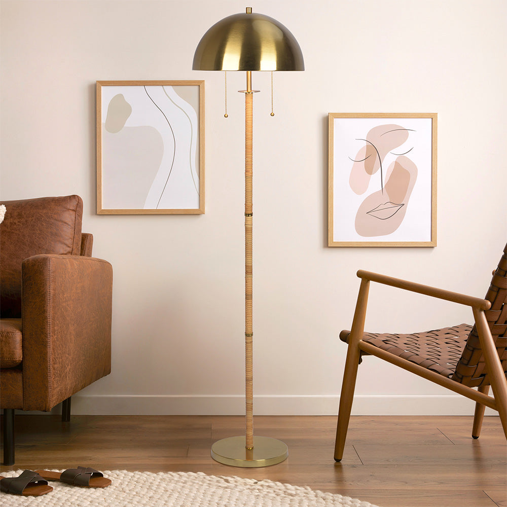 Allure 2-Light Floor Lamp, Gold Brass, Natural Rattan Tube , Double On/Off Pull Chain - FLL03700101