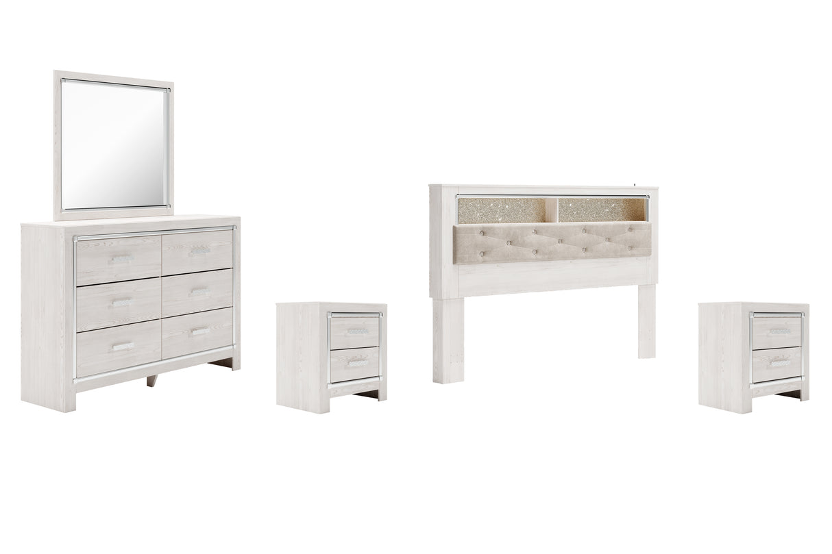 Altyra King Bookcase Headboard Bed with Mirrored Dresser and 2 Nightstands in White - PKG009486