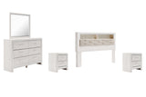 Altyra King Bookcase Headboard Bed with Mirrored Dresser and 2 Nightstands in White - PKG009486