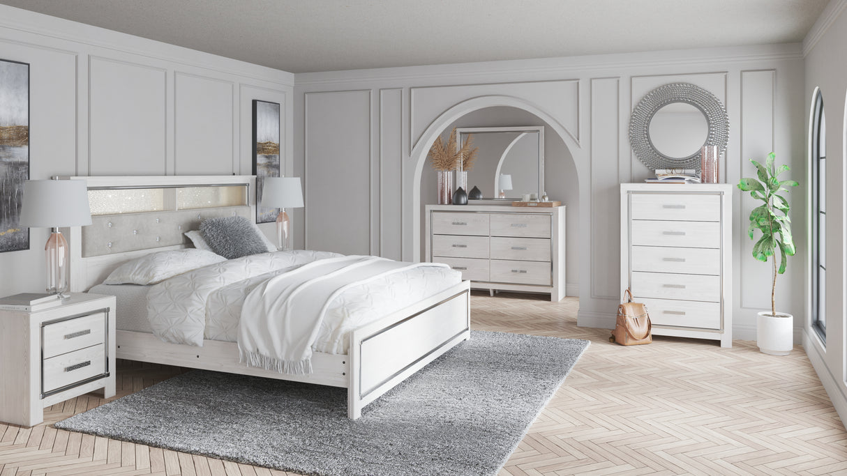 Altyra King Bookcase Headboard Bed with Mirrored Dresser and 2 Nightstands in White - PKG009486