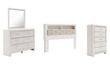 Altyra King Bookcase Headboard Bed with Mirrored Dresser and Chest in White - PKG009487