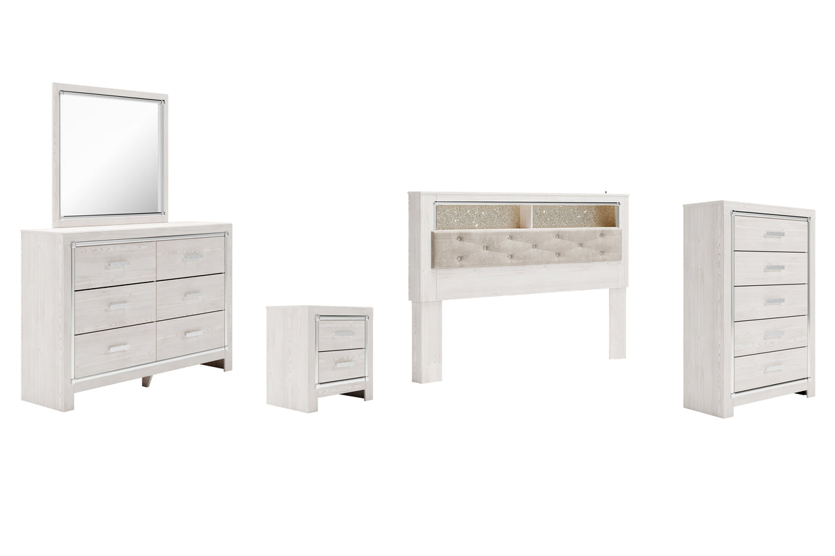 Altyra King Bookcase Headboard Bed with Mirrored Dresser, Chest and Nightstand in White - PKG009488