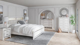 Altyra King Bookcase Headboard Bed with Mirrored Dresser, Chest and Nightstand in White - PKG009488