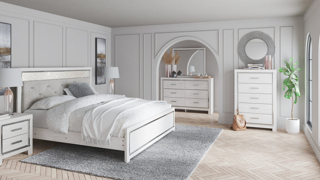 Altyra King Panel Bed with Mirrored Dresser and 2 Nightstands in White - PKG009426