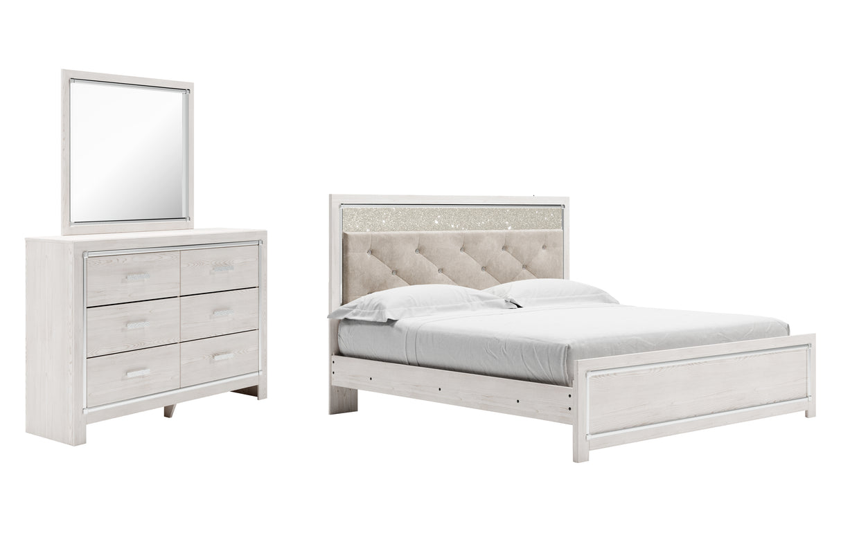 Altyra King Panel Bed with Mirrored Dresser in White - PKG009425