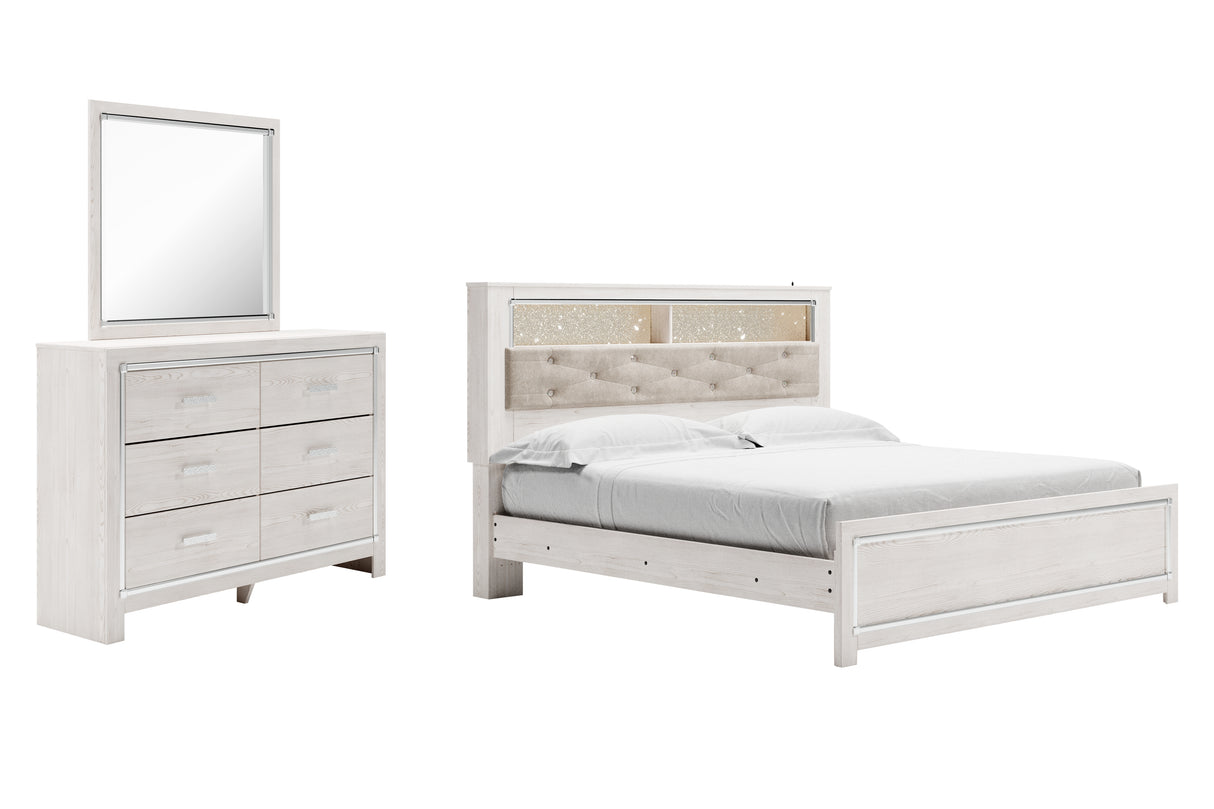 Altyra King Panel Bookcase Bed with Mirrored Dresser in White - PKG009437