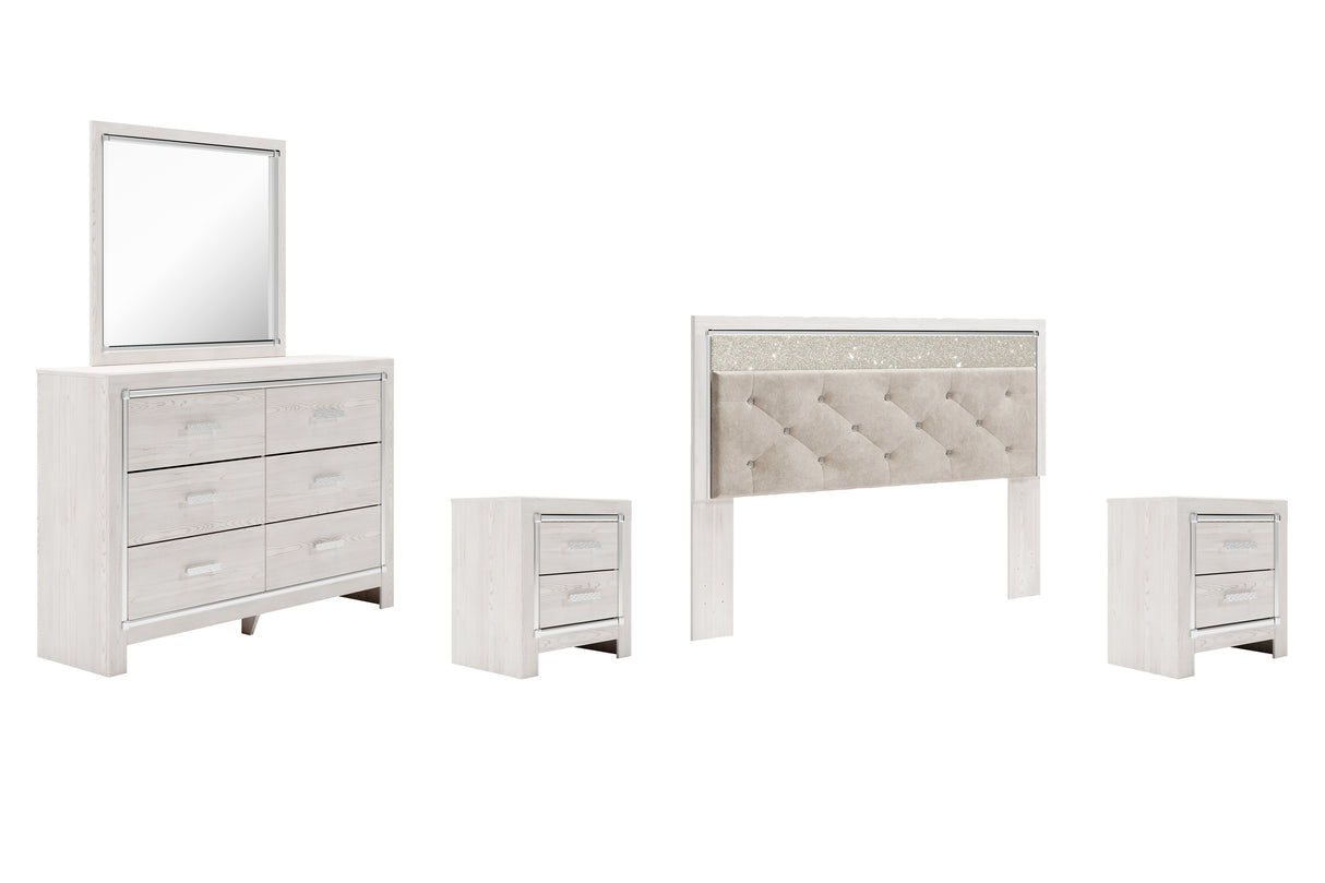 Altyra King Panel Headboard Bed with Mirrored Dresser and 2 Nightstands in White - PKG009474