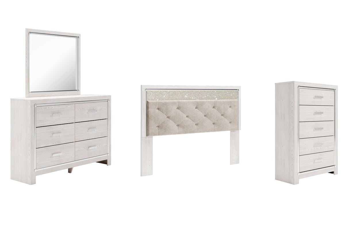 Altyra King Panel Headboard Bed with Mirrored Dresser and Chest in White - PKG009475