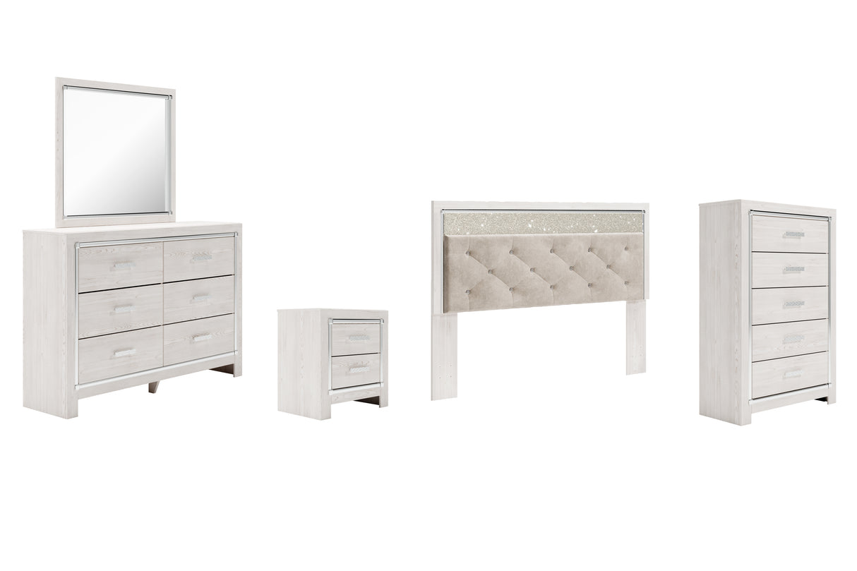 Altyra King Panel Headboard Bed with Mirrored Dresser, Chest and Nightstand in White - PKG009476