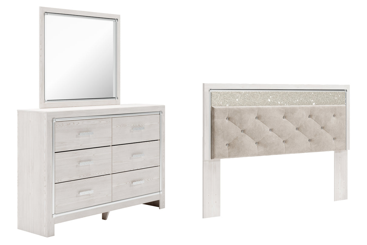 Altyra King Panel Headboard Bed with Mirrored Dresser in White - PKG009473