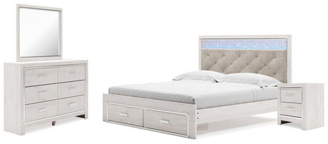 Altyra King Upholstered Storage Bed with Mirrored Dresser and Nightstand in White from Ashley - Luna Furniture