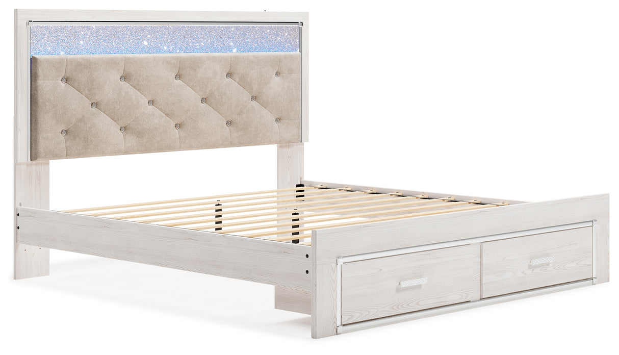 Altyra King Upholstered Storage Bed with Mirrored Dresser and Nightstand in White - PKG014083