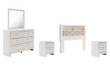 Altyra Queen Bookcase Headboard Bed with Mirrored Dresser and 2 Nightstands in White - PKG009480