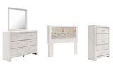 Altyra Queen Bookcase Headboard Bed with Mirrored Dresser and Chest in White - PKG009481