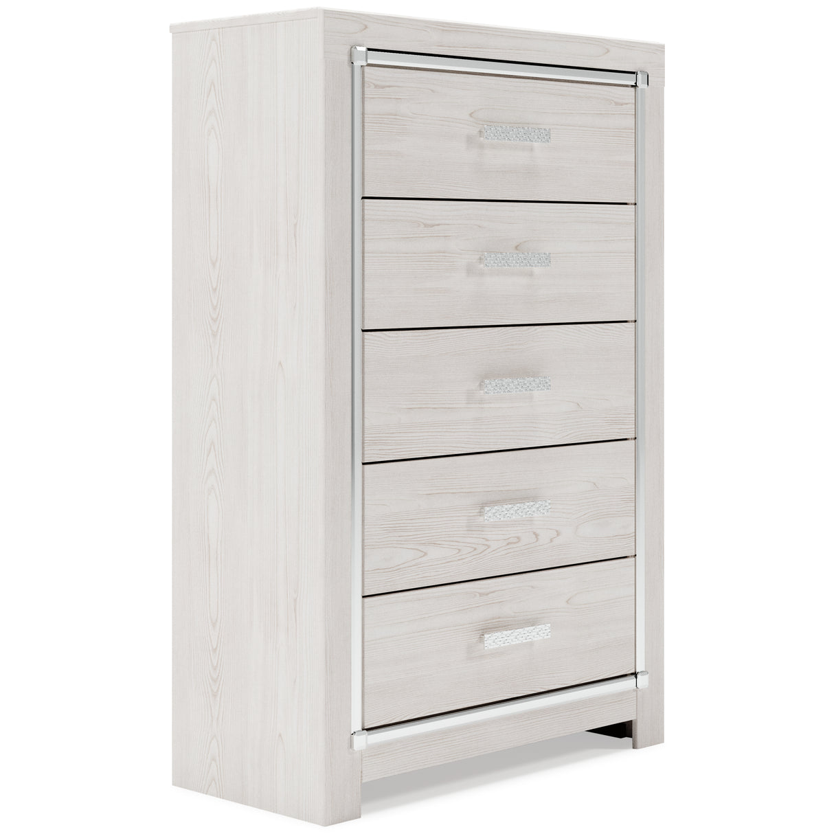 Altyra Queen Bookcase Headboard Bed with Mirrored Dresser, Chest and Nightstand in White - PKG009482