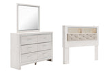 Altyra Queen Bookcase Headboard Bed with Mirrored Dresser in White - PKG009479