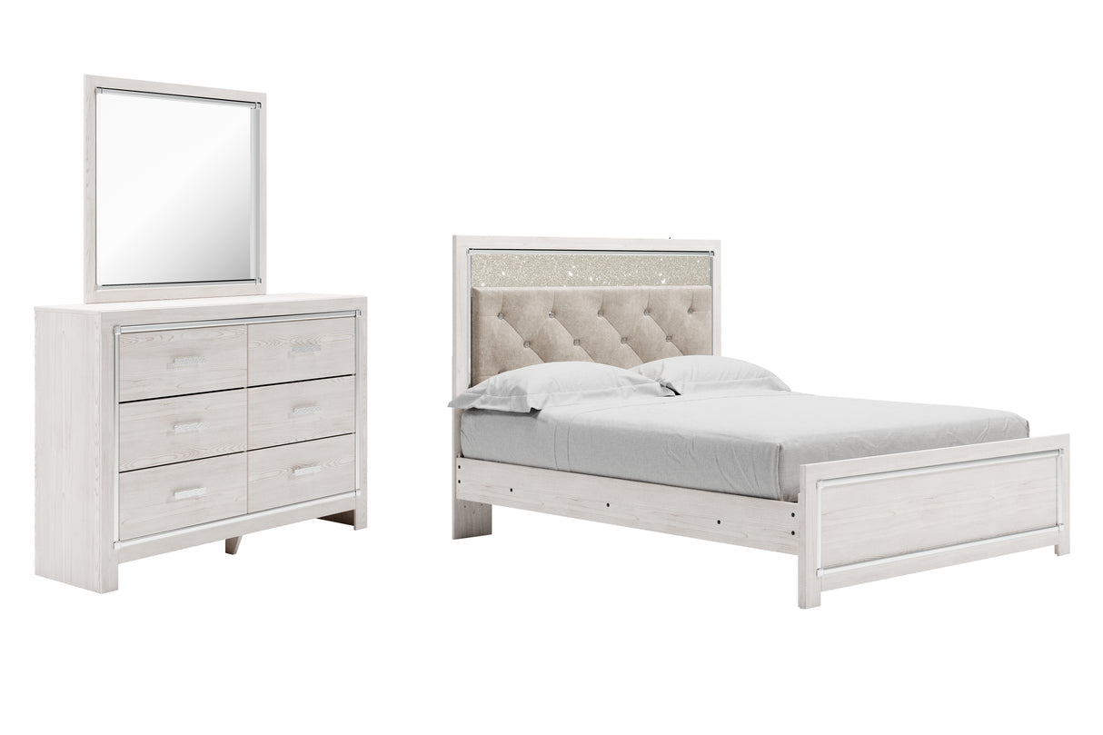 Altyra Queen Panel Bed with Mirrored Dresser in White - PKG009419