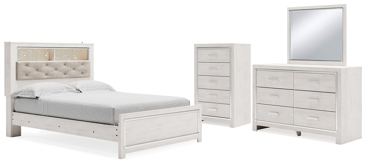 Altyra Queen Panel Bookcase Bed with Mirrored Dresser and Chest in White - PKG009433