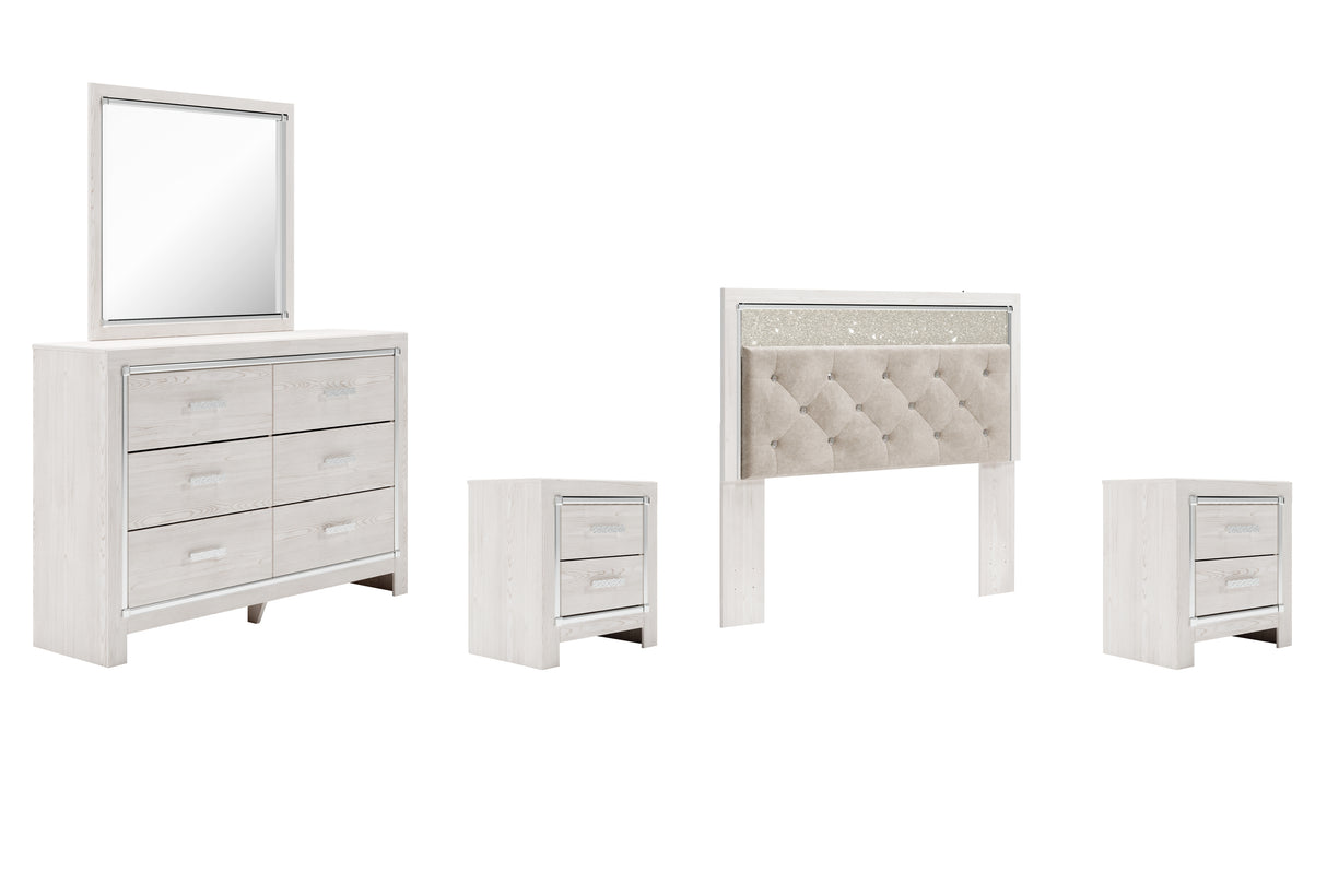 Altyra Queen Panel Headboard Bed with Mirrored Dresser and 2 Nightstands in White - PKG009468