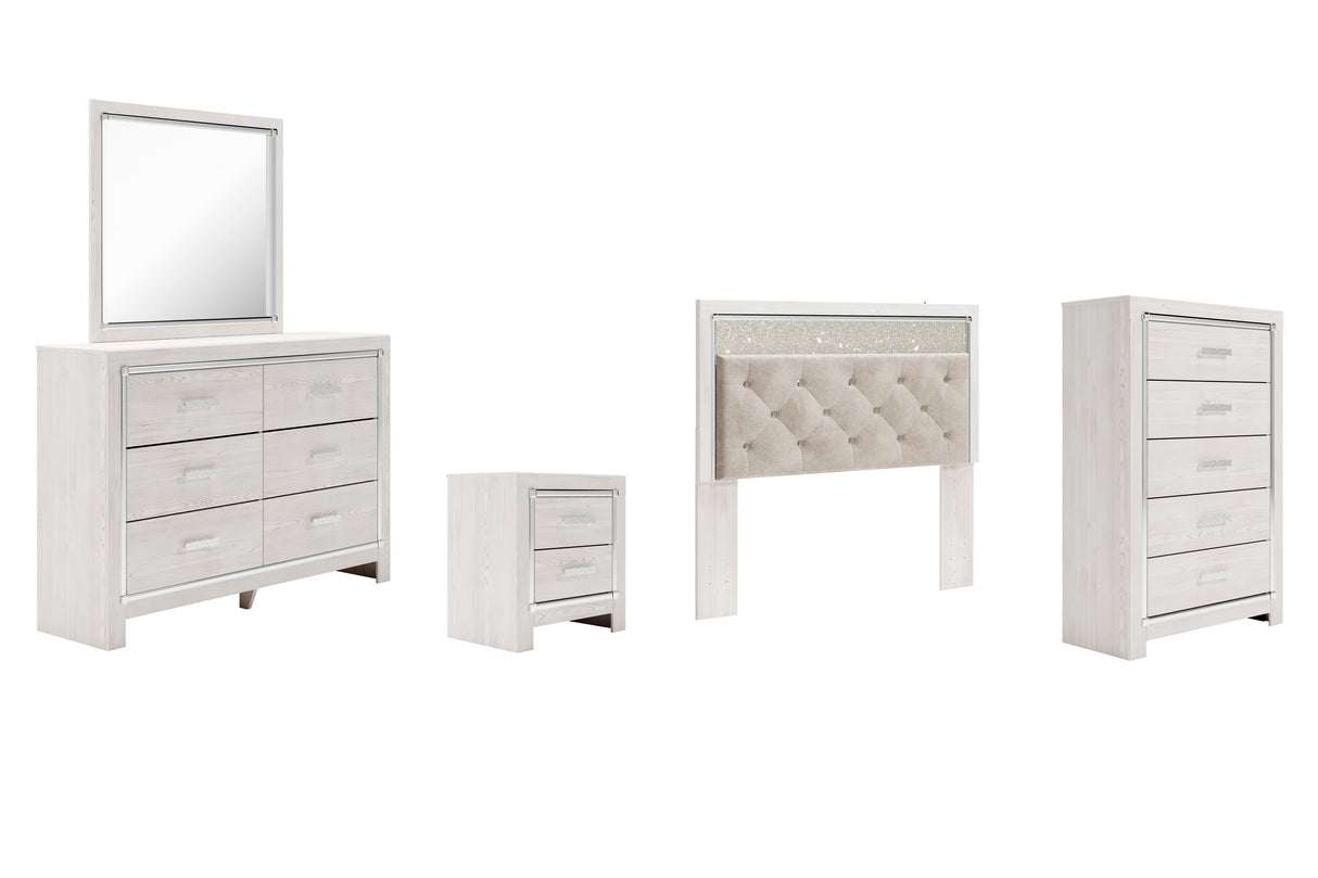 Altyra Queen Panel Headboard Bed with Mirrored Dresser, Chest and Nightstand in White - PKG009470