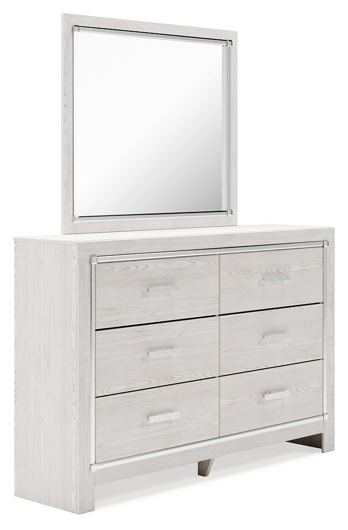 Altyra Queen Upholstered Storage Bed with Mirrored Dresser and Nightstand in White - PKG014048