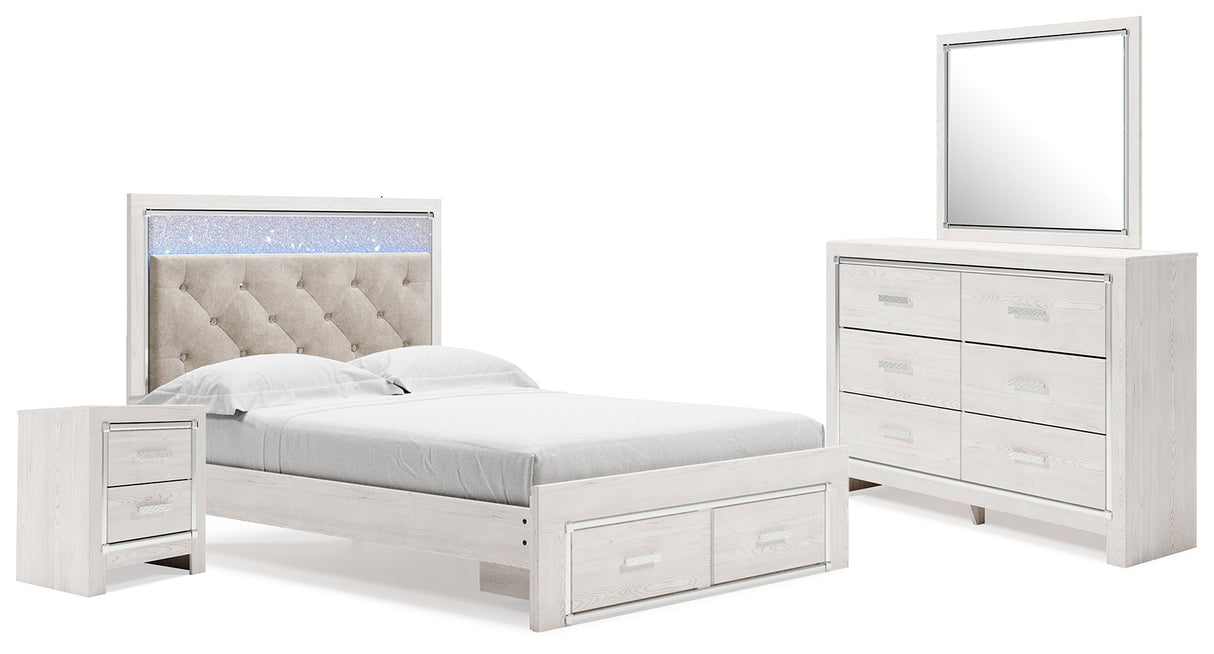 Altyra Queen Upholstered Storage Bed with Mirrored Dresser and Nightstand in White - PKG014048