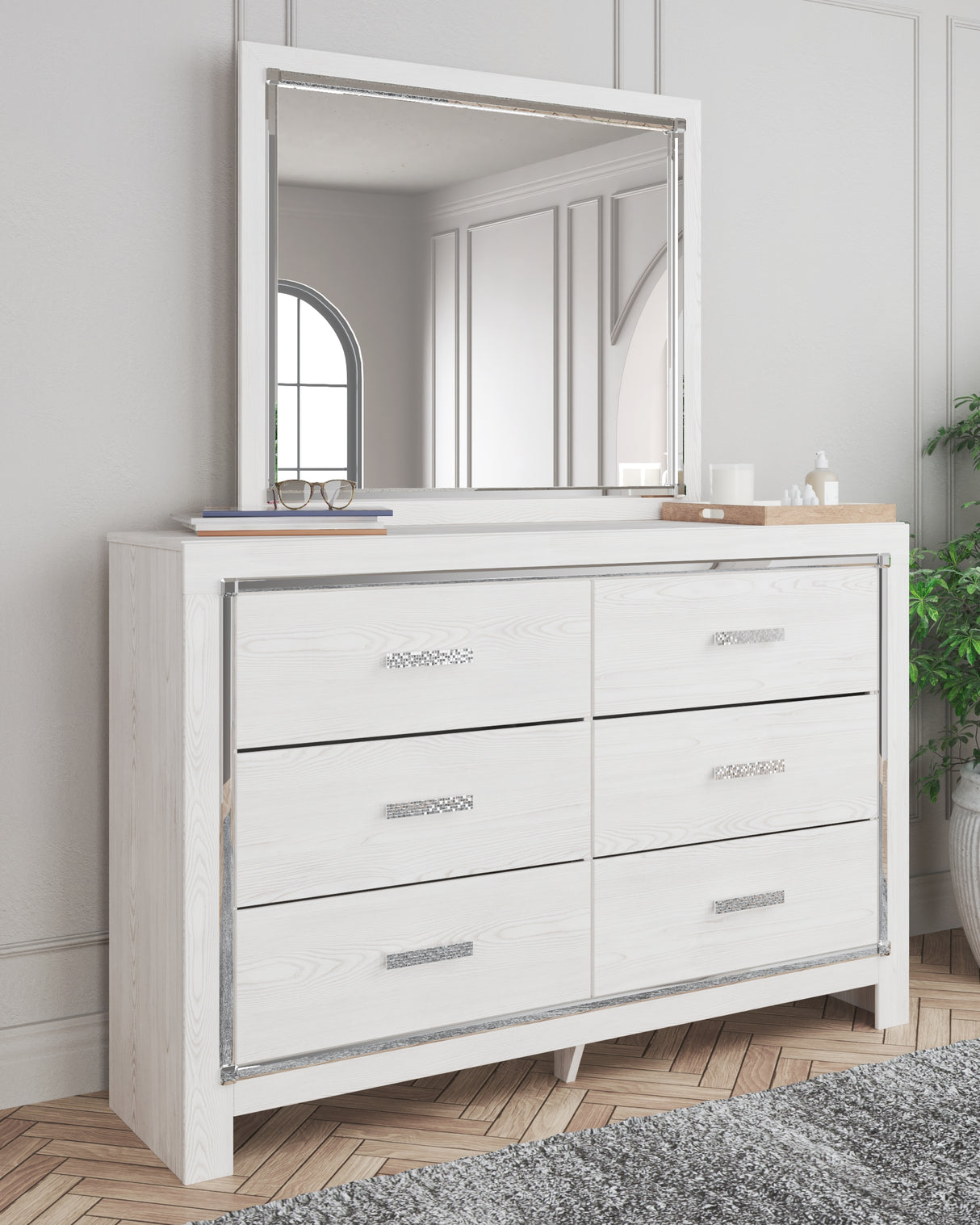 Altyra Queen Upholstered Storage Bed with Mirrored Dresser and Nightstand in White from Ashley - Luna Furniture