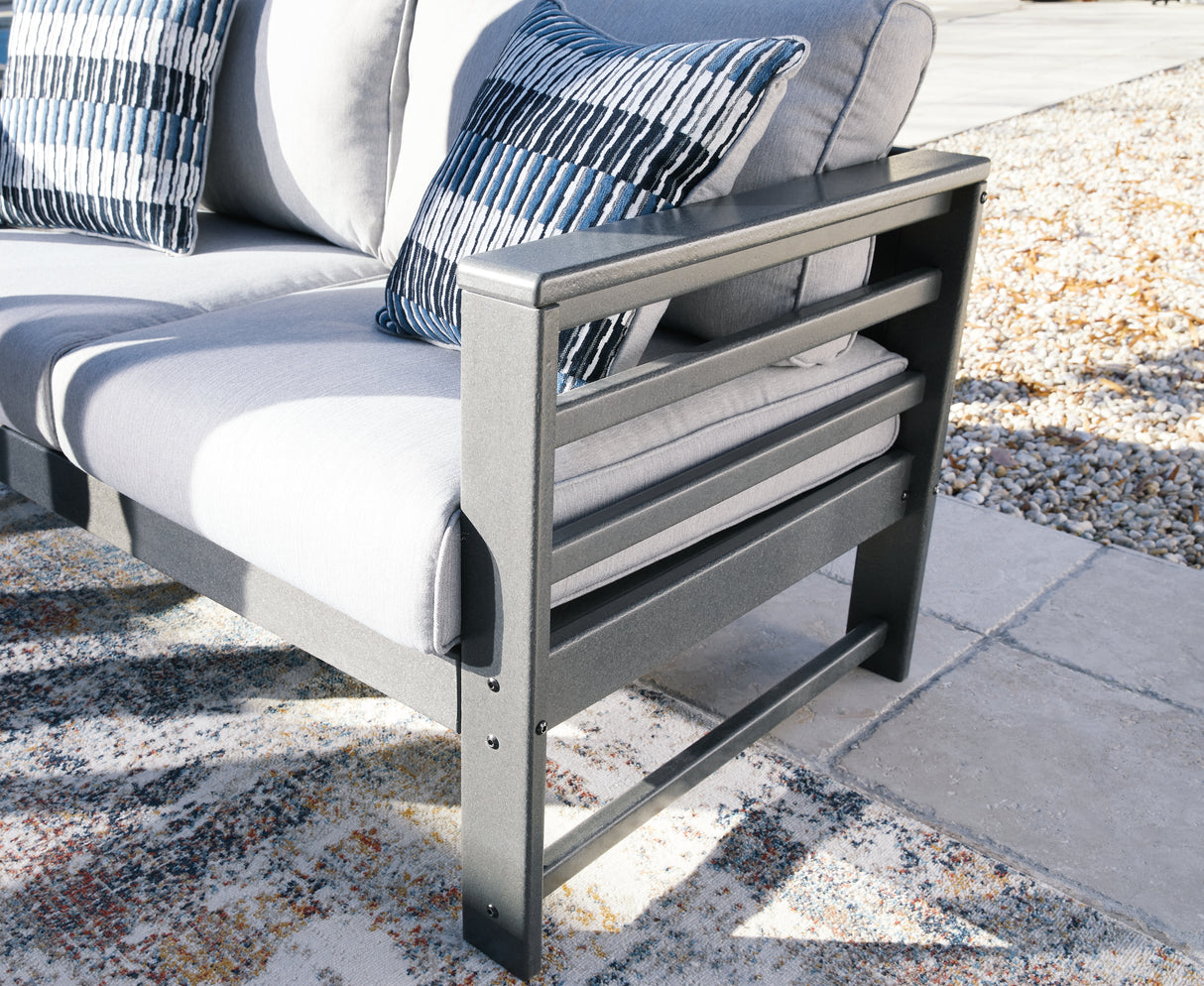 Amora Outdoor Loveseat with Coffee Table in Charcoal Gray from Ashley - Luna Furniture