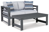 Amora Outdoor Loveseat with Coffee Table in Charcoal Gray from Ashley - Luna Furniture