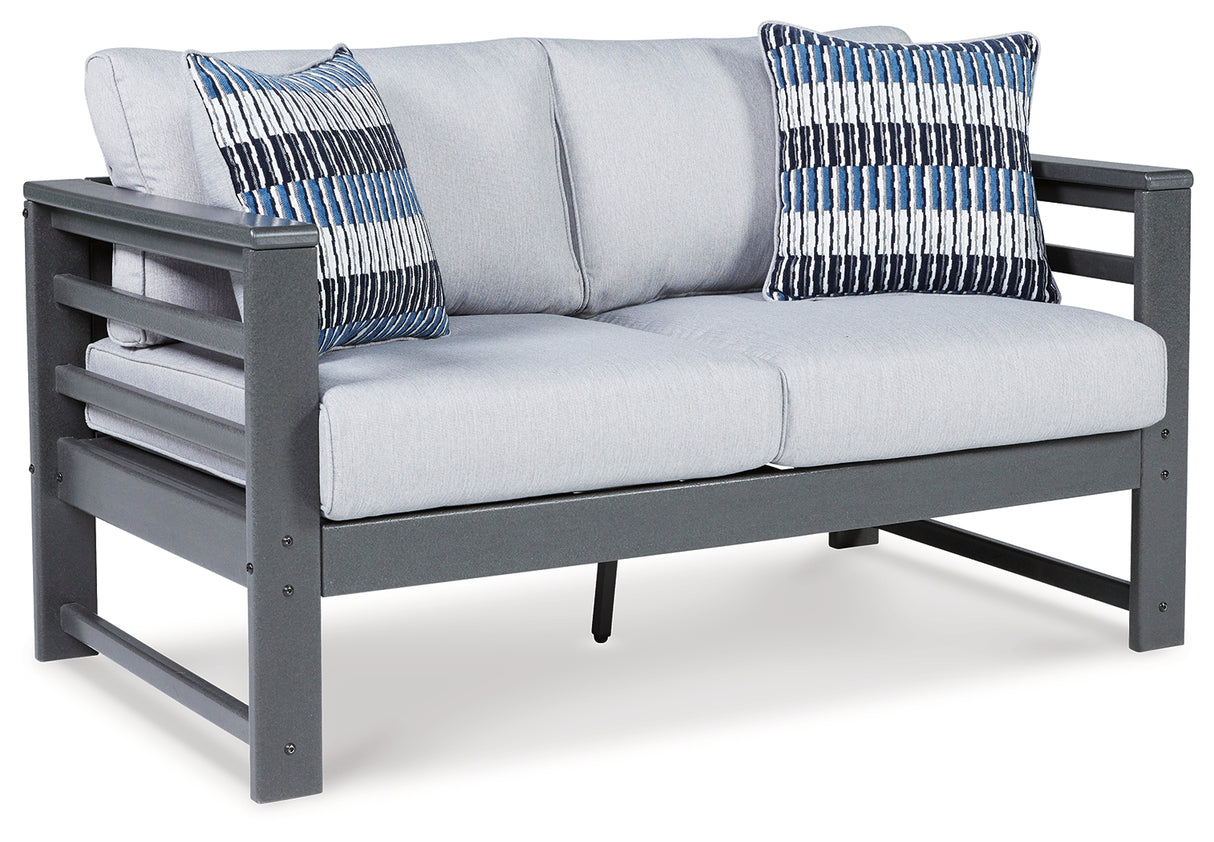 Amora Outdoor Loveseat with Coffee Table in Charcoal Gray from Ashley - Luna Furniture