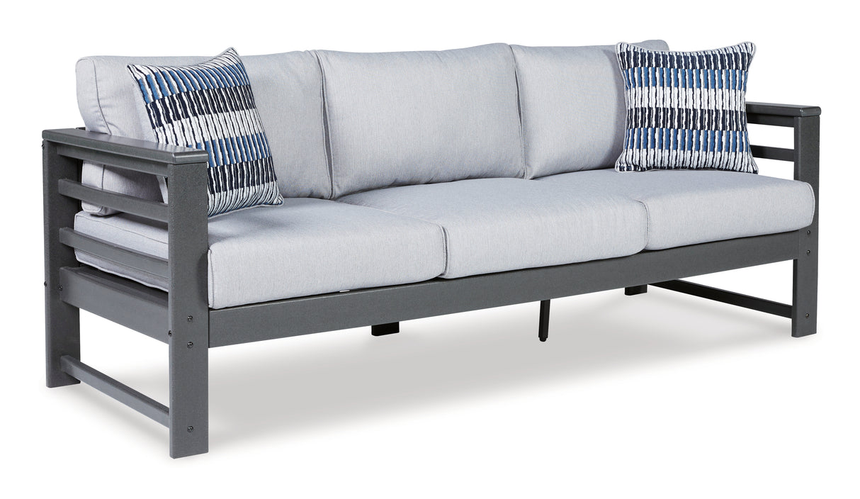 Amora Outdoor Sofa, Loveseat and 2 Lounge Chairs with Coffee Table and 2 End Tables in Charcoal Gray from Ashley - Luna Furniture