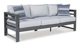 Amora Outdoor Sofa, Loveseat and 2 Lounge Chairs with Coffee Table and 2 End Tables in Charcoal Gray from Ashley - Luna Furniture