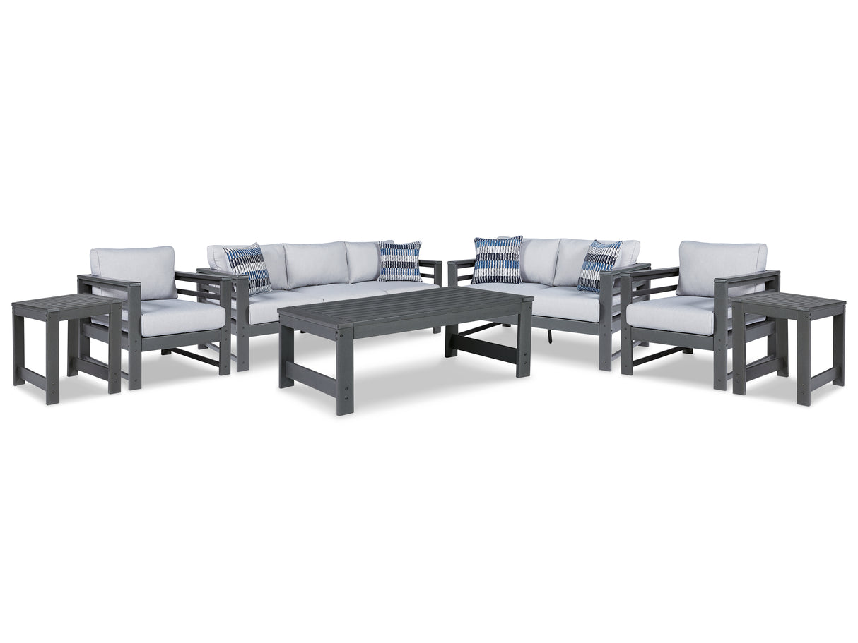 Amora Outdoor Sofa, Loveseat and 2 Lounge Chairs with Coffee Table and 2 End Tables in Charcoal Gray from Ashley - Luna Furniture