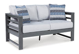 Amora Outdoor Sofa, Loveseat and 2 Lounge Chairs with Coffee Table and 2 End Tables in Charcoal Gray from Ashley - Luna Furniture