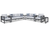 Amora Outdoor Sofa, Loveseat and 2 Lounge Chairs with End Table in Charcoal Gray from Ashley - Luna Furniture