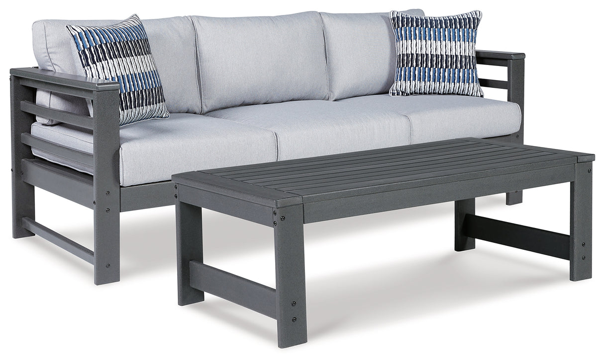 Amora Outdoor Sofa with Coffee Table in Charcoal Gray from Ashley - Luna Furniture