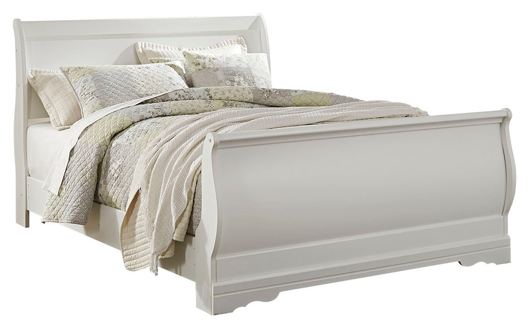 Anarasia Queen Sleigh Bed with Mirrored Dresser and Nightstand in White - PKG014133