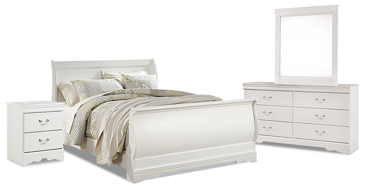 Anarasia Queen Sleigh Bed with Mirrored Dresser and Nightstand in White - PKG014133