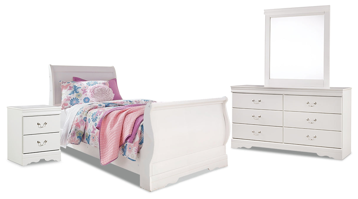 Anarasia Twin Sleigh Bed with Mirrored Dresser and Nightstand in White - PKG014153